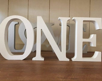 First Birthday Decoration ONE - Set of Three Free Standing Wooden Letters Spelling ONE, 13cm Large Letters, 1st Birthday