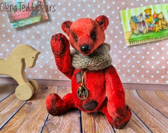 Vintage style Red Teddy Bear, OOAK Artist Collectible, Handmade Plush Interior Doll Gift