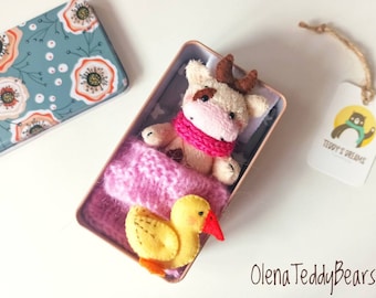 Cow plush, miniature animals for pocket hugs, miniature plush, travel play set, cute plush, stuffed animal, cow figurine