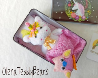 Plush toy unicorn, small toy in box, miniature plush animal, toy in matchbox, cute travel play set