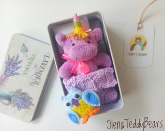 Rainbow plush unicorn, mini toy in matchbox, small girl travel toy, miniature plush gift