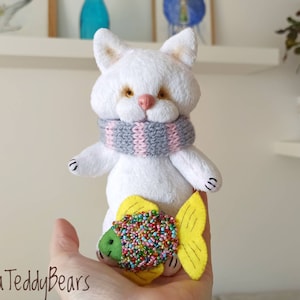 White plushie cat, small stuffed animal, teddy cat gift, plush interior toy
