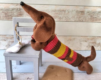 Brown Plush Dachshund Toy, Handmade Stuffed Dog, Soft Wiener Dog Plush Gift