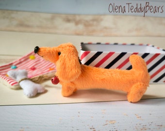 Handmade plush, toy dachshund, cute small dog, miniature animal for pocket hug