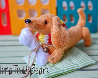 Plush dachshund, small soft dog, handmade stuffed animal