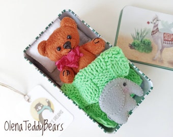 Small plushie bear, miniature plush toy, travel play set, handmade toy for doll