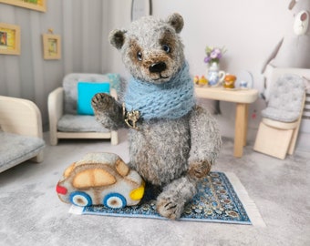 Handmade Artist Teddy Bear 18 cm, Alpaca Plush Collectible, Mini Jointed Bear with Felt Car, Vintage Style Keepsake