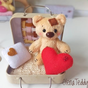Miniature plush bear in box, pocket travel play set, handmade plush animal, bear in suitcase
