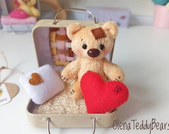 Miniature plush bear in box, pocket travel play set, handmade plush animal, bear in suitcase