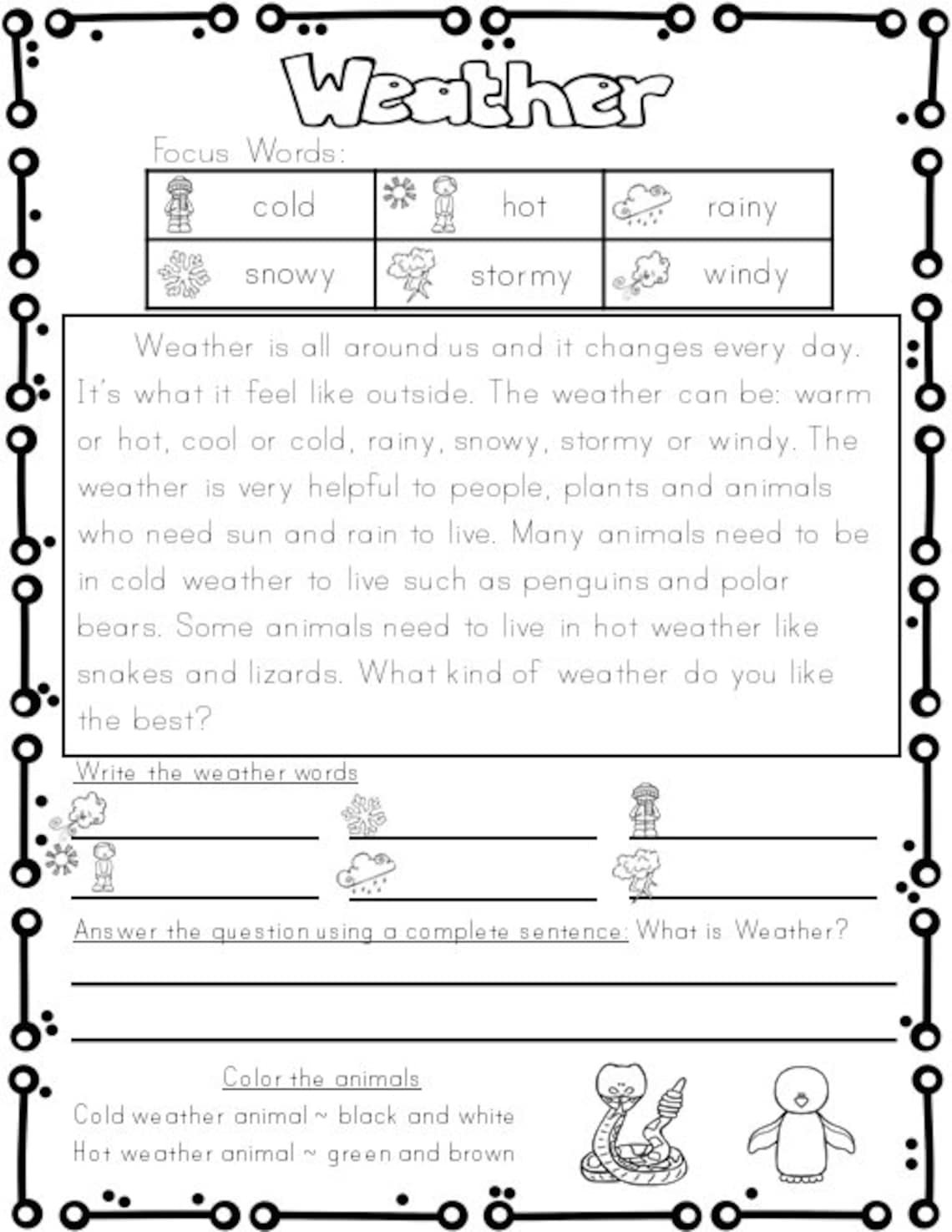 Reading Comprehension and Writing Weather & Seasons Etsy