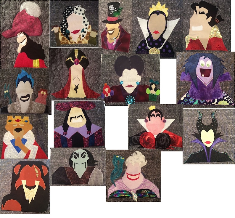 K&ouml;nnte beinhalten: Eine Collage aus 15 verschiedenen Disney-Schurken, jeder mit einem einzigartigen Design und Farbschema. Zu den Schurken geh&ouml;ren Maleficent, Ursula, Cruella de Vil und viele mehr.