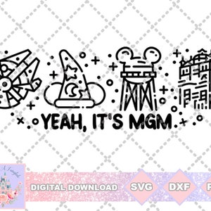 May include: Black and white line art design featuring a Star Wars Millennium Falcon, a wizard hat, a Mickey Mouse head with a tower, and a building. The text "YEAH, IT'S MGM." is below the images.