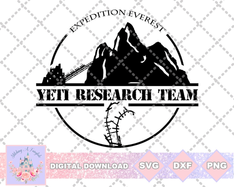 K&ouml;nnte beinhalten: Schwarzwei&szlig;es Grafikdesign eines Gebirges mit einem Yeti-Fu&szlig;abdruck und dem Text "Expedition Everest Yeti Research Team".