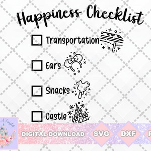 Happiness Checklist Magical Theme Park Icon Snacks Ears Castle SVG PNG DXF Cut File Shirt