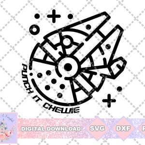 May include: Black and white line art illustration of a spaceship with the text "Punch It Chewie" underneath.