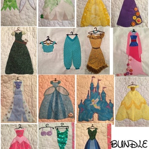 May include: A collection of fabric art pieces featuring various princess-themed dresses and a mermaid tail, displayed on a quilted background. The dresses are in various colors, including yellow, purple, and green, with intricate details.