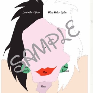 K&ouml;nnte beinhalten: Eine Schwarzwei&szlig;illustration von Cruella de Vil's Gesicht mit Anweisungen zum Zusammensetzen eines Bastelprojekts. Die Illustration zeigt ihre Haare, ihr Gesicht, ihren Hals und ihren Mantel.