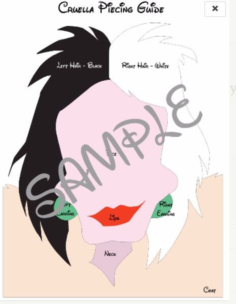 K&ouml;nnte beinhalten: Eine Schwarzwei&szlig;illustration von Cruella de Vil's Gesicht mit Anweisungen zum Zusammensetzen eines Bastelprojekts. Die Illustration zeigt ihre Haare, ihr Gesicht, ihren Hals und ihren Mantel.