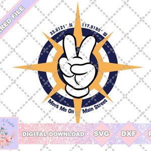 Mickey Hand Peace Sign Bússola Main Street Coordenadas SVG PNG DXF Cut File Camisa