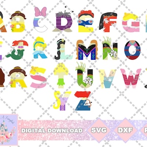 Hand entworfen Damen Prinzessin Märchen Mädchen Kind Kleinkind Alphabet Buchstaben SVG PNG geschnitten Datei