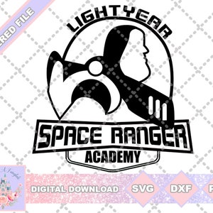 May include: Black and white silhouette of Buzz Lightyear's head with the text "Lightyear Space Ranger Academy" in a circle around it.