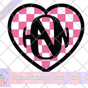 May include: A pink and white checkered heart with the letters "AW" in black inside. The heart is outlined in black.
