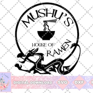 May include: Black and white illustration of a dragon with a circle around it that says "Mushu's House of Ramen". The circle also has a bowl of ramen noodles inside.