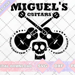 May include: Black and white graphic design featuring two guitars crossed over each other with the text "MIGUEL'S GUITARS" above the guitars. The guitars are surrounded by a circle with the text "HAND CRAFTED" and "FAMILY OWNED". A skull is in the center of the design.
