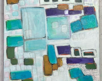 May include: Abstract painting on canvas with geometric shapes in shades of blue, green, purple, and gold. The background is white with a light pink hue. The painting is signed "Maria Leon Johnson" in the bottom right corner.