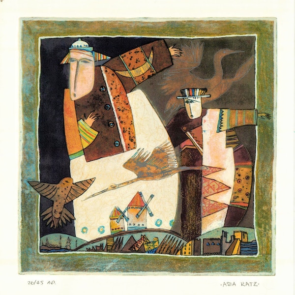 Spring Joy - Original Serigraph - Silkscreen - Limited Edition - Hand Signed by Asia Katz - Women - Brown Birds - Windmill