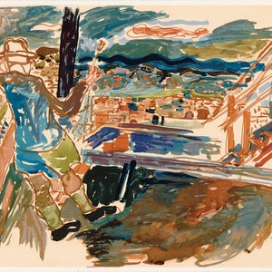 Israeli Art - Zaritsky - Tel Aviv - Original - Silkscreen - Serigraph - Limited Edition - Hand Signed - Roof - Tel-Aviv - Brown - Green