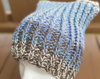 Knit beanie in blue shades, adult size, warm knit warmer, great gift on any occasion