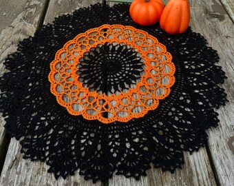 Halloween Crochet Doily – Handmade Black & Orange Cotton Lace Decor