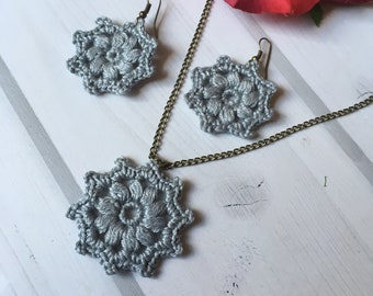 90. Crochet Earrings Pattern for Earrings and Pendant,  PDF File - Crochet floral motif earrings and pendant, crochet pattern