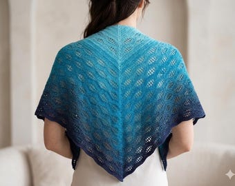 Title: Large Ombre Crochet Shawl – Blue Gradient Cotton Wrap – Handmade Lacy Triangle Scarf – Aqua to Navy – 68" x 33"