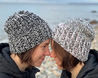 Hand Knit Couples Beanie Set "Salt and Pepper", Hand Knit Speckled Beanies, Coastal Theme Knits