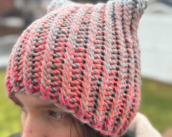 Knit beanie in pink colors, adult size, warm knit warmer, great gift on any occasion