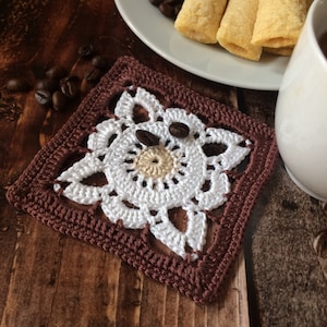 Crochet coaster PDF pattern, granny square coaster TUTORIAL, brown and white coaster PDF pattern