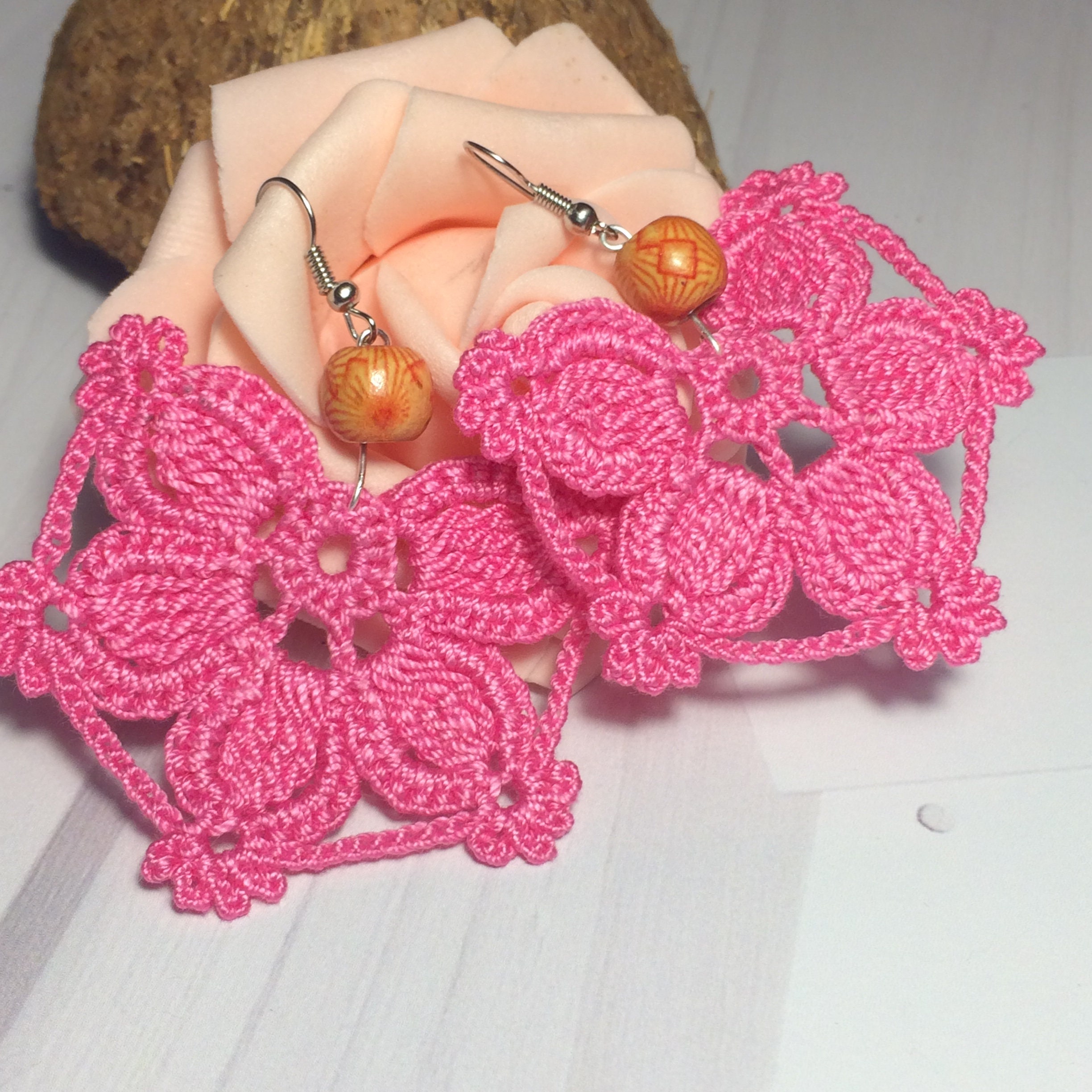 Crochet earring Crochet pink a earrings dangle asymmetric Etsy