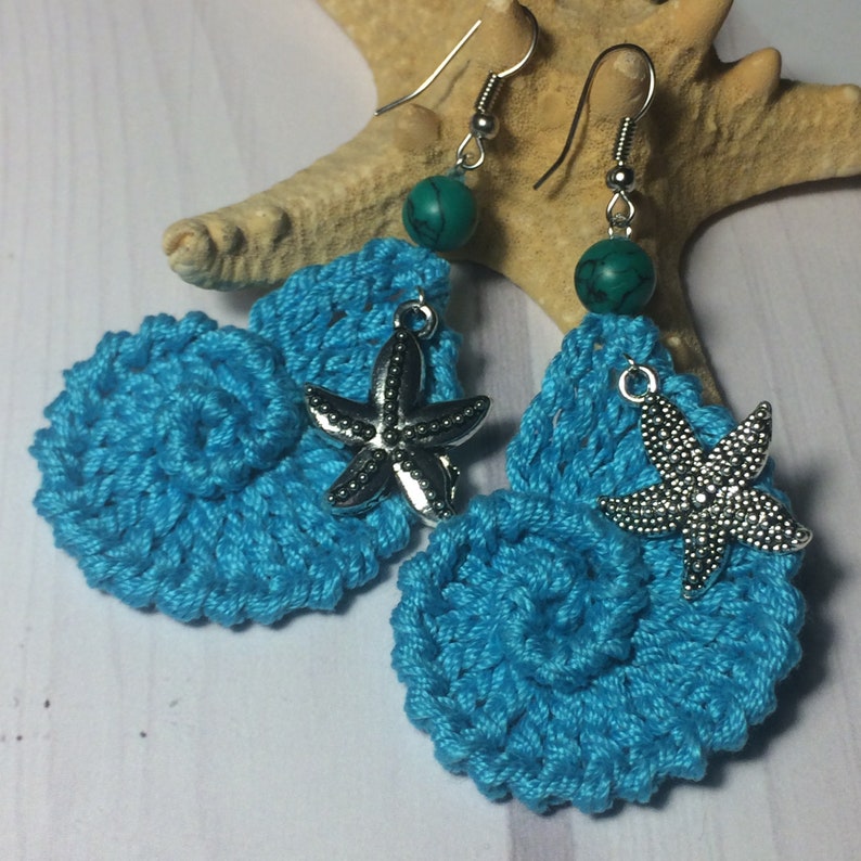 Crochet marine blue seashell dangle earrings handmade Etsy