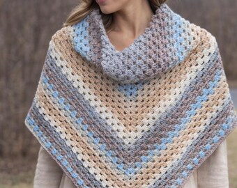 Crochet Triangle Shawl – Granny Square Wrap, Beige Grey Ivory Blue, Lightweight Handmade Scarf 55x27"