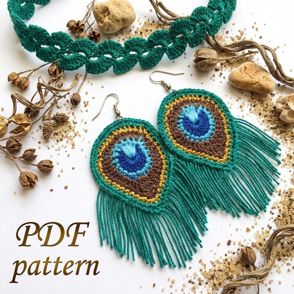 8. Crochet Peacock Feather Earrings