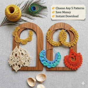 May include: An assortment of handmade crochet earrings in various colors, including yellow, cream, blue, and orange. The earrings are displayed on wooden arches with a peacock feather and a ball of yellow yarn. Text on the image reads: Choose Any 5 Patterns, Save Money, Instant Download.