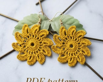 52. Patron PDF au crochet : boucles d'oreilles en dentelle soleil et fleurs, fleur au crochet, motif bohème au crochet
