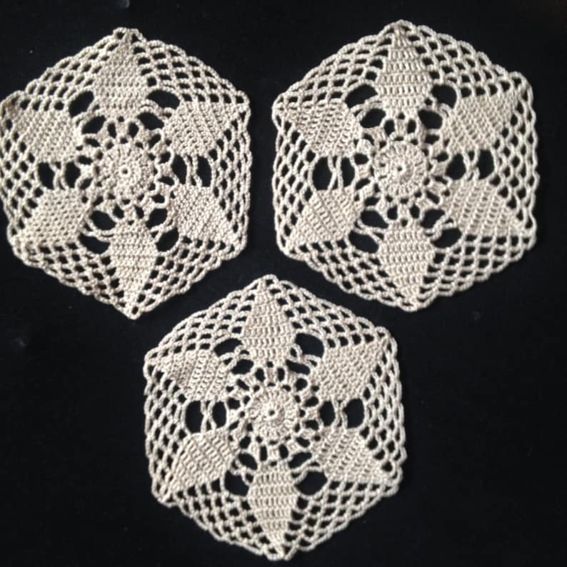 Set of 3 hand crochet small doily beige coaster gift for her kitchen table decoration square cup holder