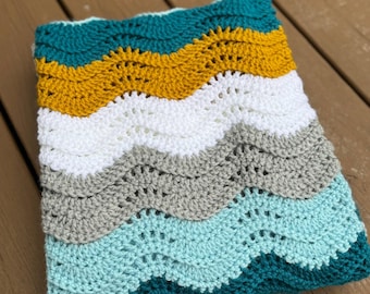 Handmade Ripple Crochet Blanket – Teal, Mustard, White, Grey & Aqua | Cozy Chevron Baby Blanket or Lap Throw