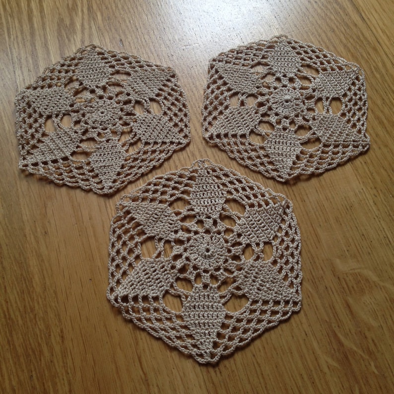 Set of 3 hand crochet small doily beige coaster gift for her kitchen table decoration square cup holder
