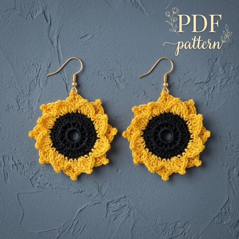 101. Crochet Sunflower Earrings Pattern, Micro Crochet Earring Pattern PDF, Beginner Crochet Jewelry Tutorial, Instant Digital Download image 1