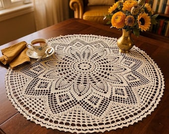 Handmade Beige Crochet Doily | 32" Large Lace Centerpiece | Decorative Cotton Table Topper | Intricate Floral Mandala Design