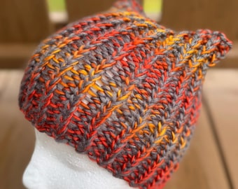 Knit cozy beanie "Fire and Ashes" in Gray + Flame colors, Warm and Soft, sizes available